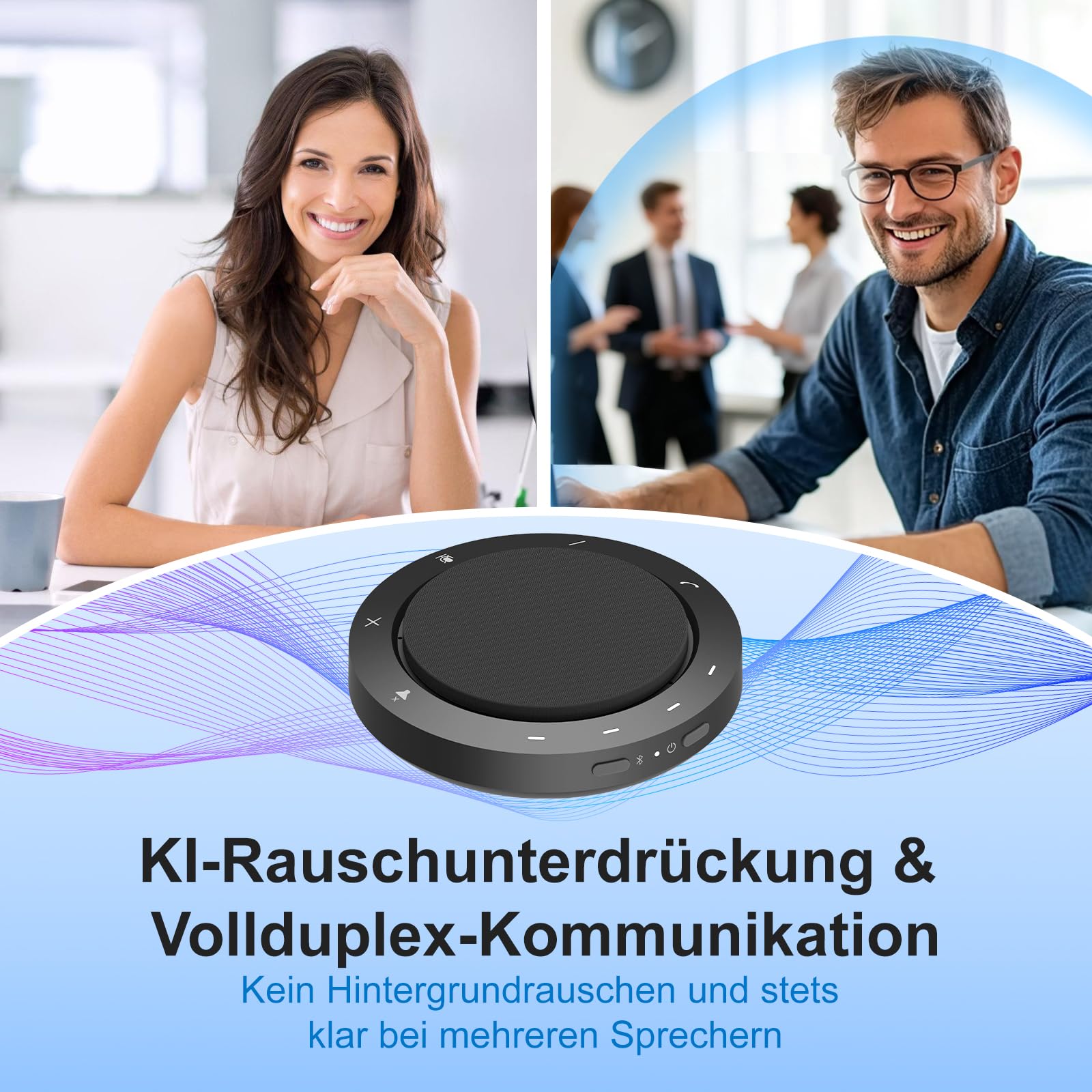 Konferenzlautsprecher mit 2 geräuschunterdrückend Mikrofon, 360°-Spracherfassung, klarer Klang, 10–14 Std Gesprächszeit, Bluetooth & USB-C/A, Konferenzmikrofon für Homeoffice & kleine Teams