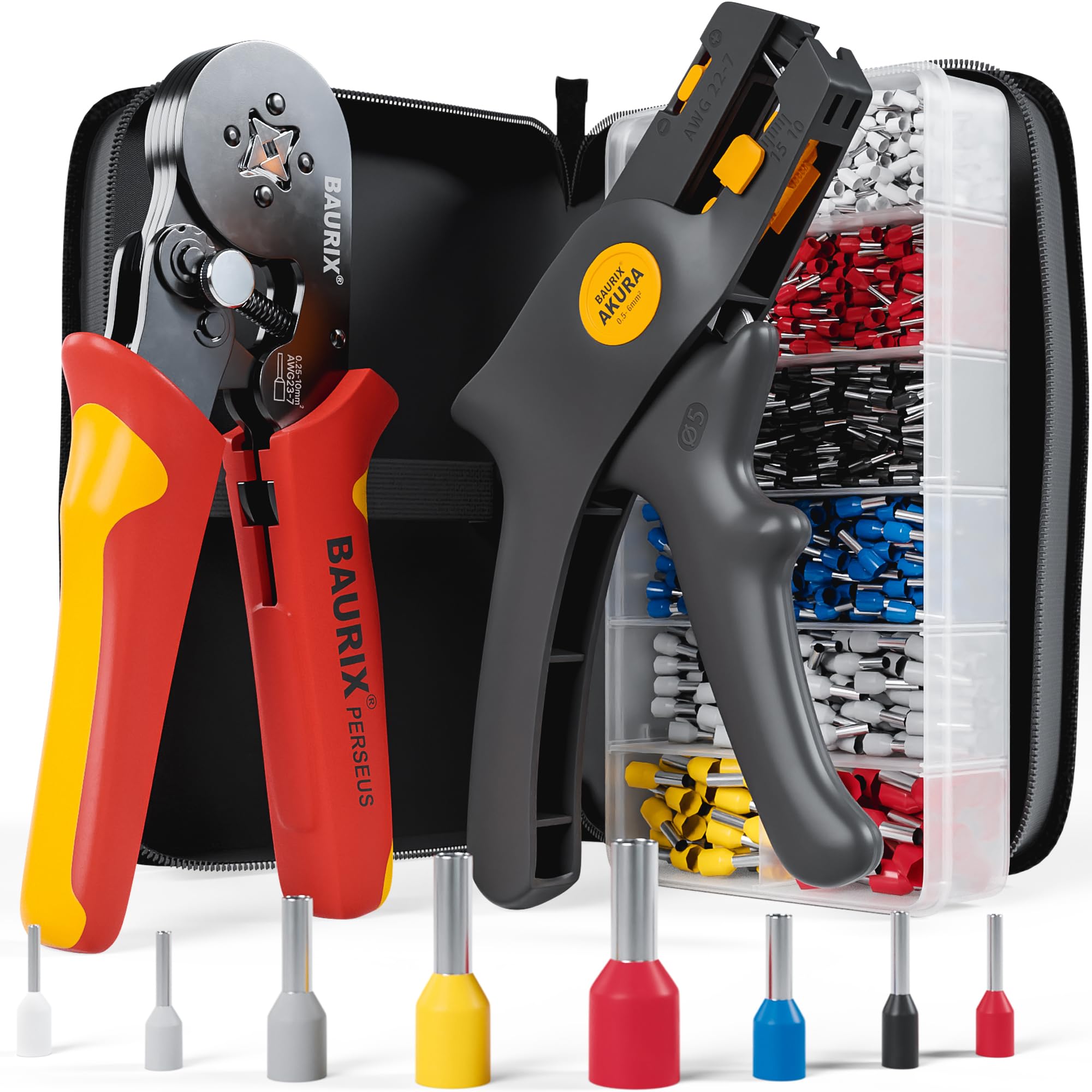 Baurix Perseus (Square) Set 1800 + Akura Baurix® Crimping Tool Set With 1800 Wire Ferrules And Wire Stripper – Self-Adjusting Ferrule Crimping Pliers For 0.25–10 Mm² – Crimping Pliers – Cable Stripper – Crimp Tool – Wire Crimper