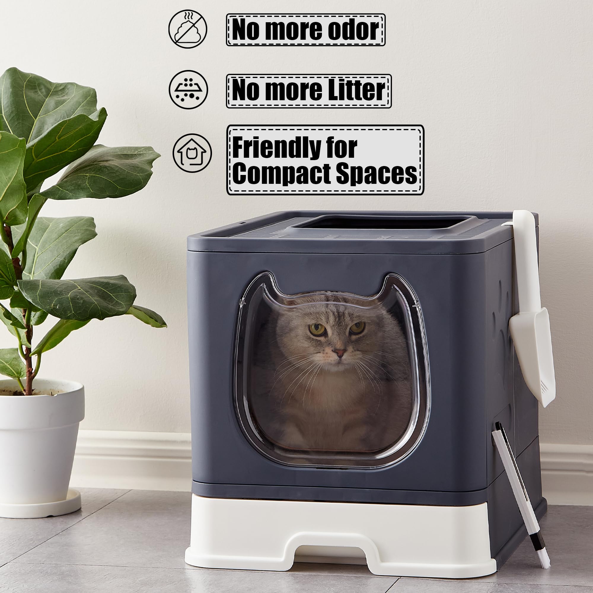 Vealind Covered Litter Box with Lid, Low Entry Kitten Small Litter Box Enclosure with Scooper and Brush, Anti-Splashing Top Entry Litter Box Black