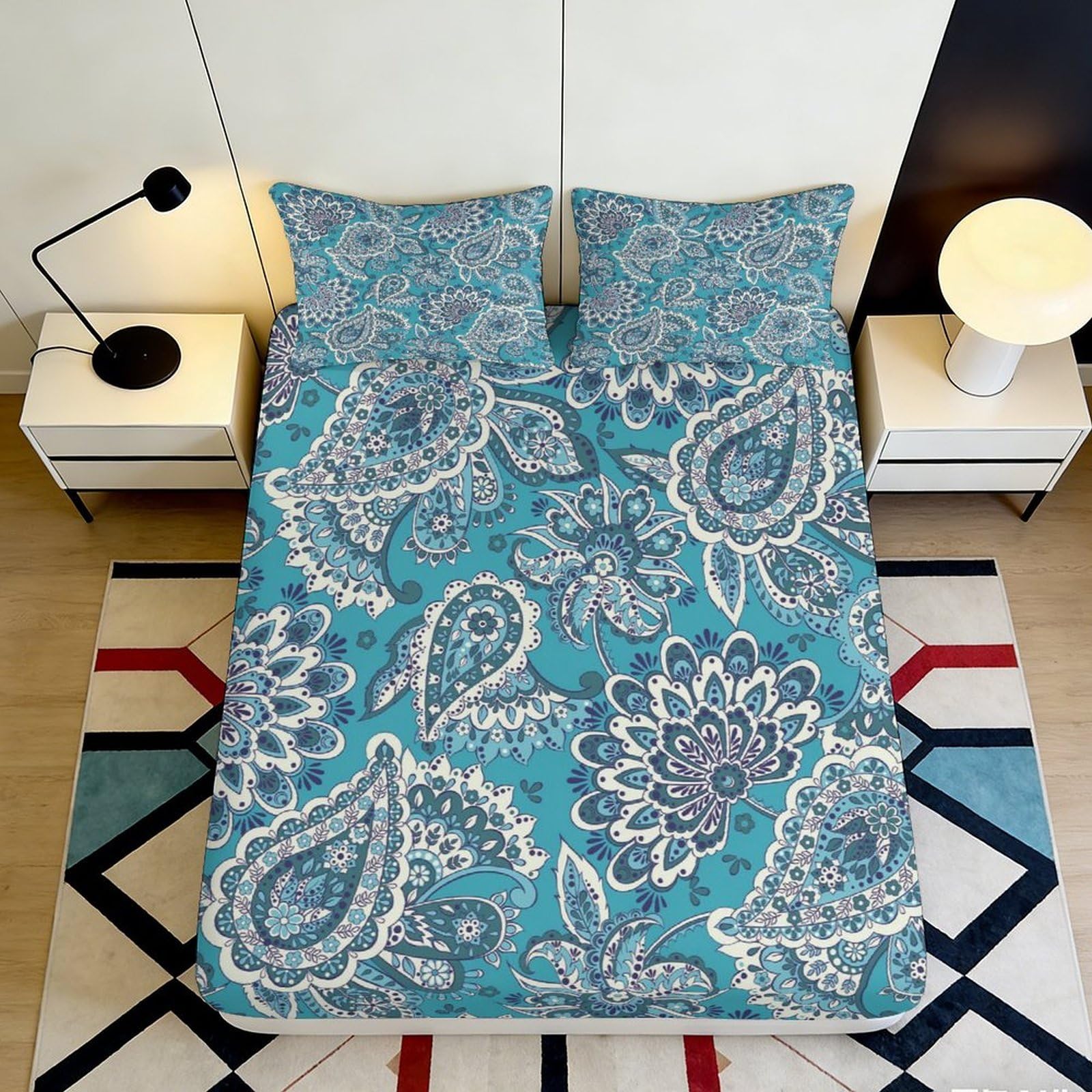 3D Printed Blue Paisley Fitted Sheet Microfiber Soft Breathable Boho Floral Bed Sheet for Bedroom Guest Room Mattress Cover 90x200x25cm