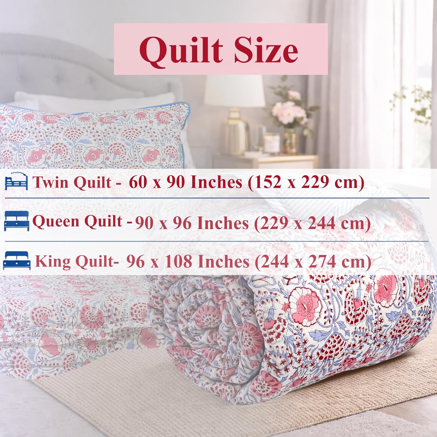 Ridhi Block Print Reversible Cozy Quilt Pigeon Blue & Flamingo Pink Queen 90" x 96" Lightweight Blanket for Sofa, Couch, Bed Soft Breathable Comforter Handmade Bedspread Duvet for Farmhouse