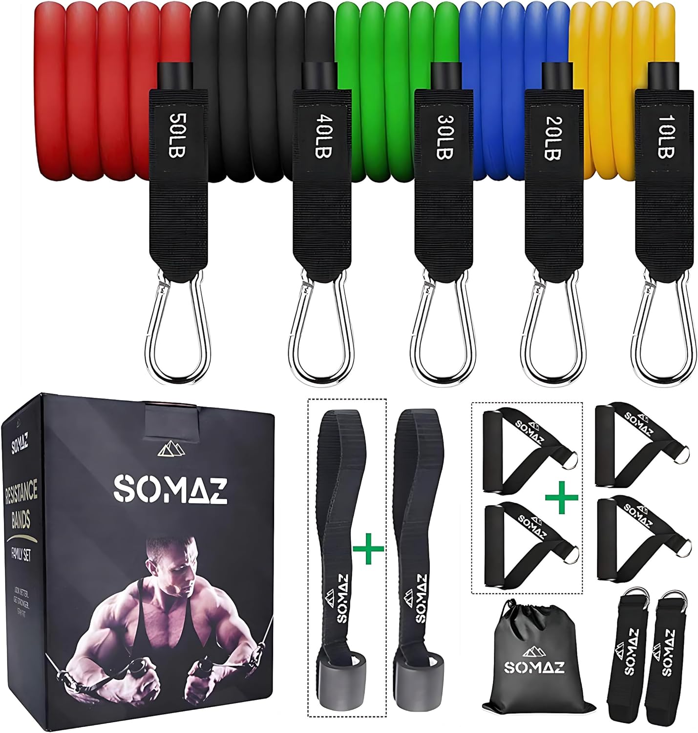SOMAZ Resistance Bands Set 14pcs – Latex Anti-Snap Tube Fitness Bands with 4 Handles, 2 Door Anchors, Ankle Straps & Bag for Muscle Training, Physical Therapy & Home Workouts