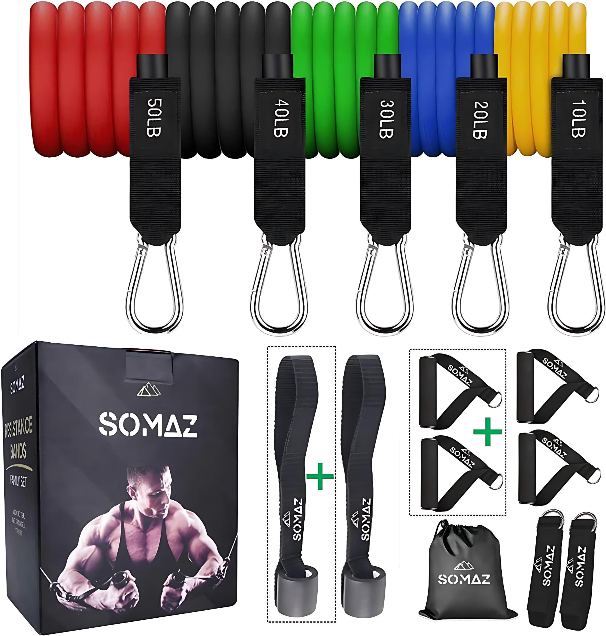 โ Resistance Bands Set 14pcs โ Latex Anti-Snap Tube Fitness Bands with 4 Handles, 2 Door Anchors, Ankle Straps & Bag for Muscle Training, Physical Therapy & Home Workouts