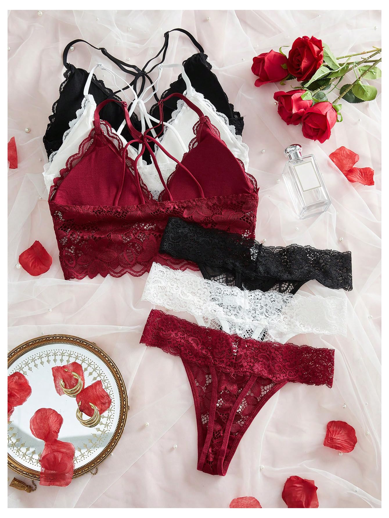 Verdusa Women's Lingerie Sets 6 Piece Lace Bow Floral Underwear Bras Wireless Padded Bra and Panty Set: Medium Burgundy