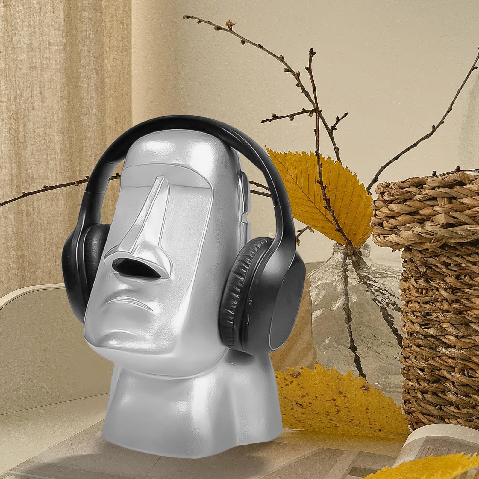 MAGICLULU Supporto per Cuffie da Tavolo in Resina Statua Moai Decorativa, Porta Cuffie e Accessori per Scrivania, Design Compatto per Ufficio e Casa, Supporto Decorativo Elegante