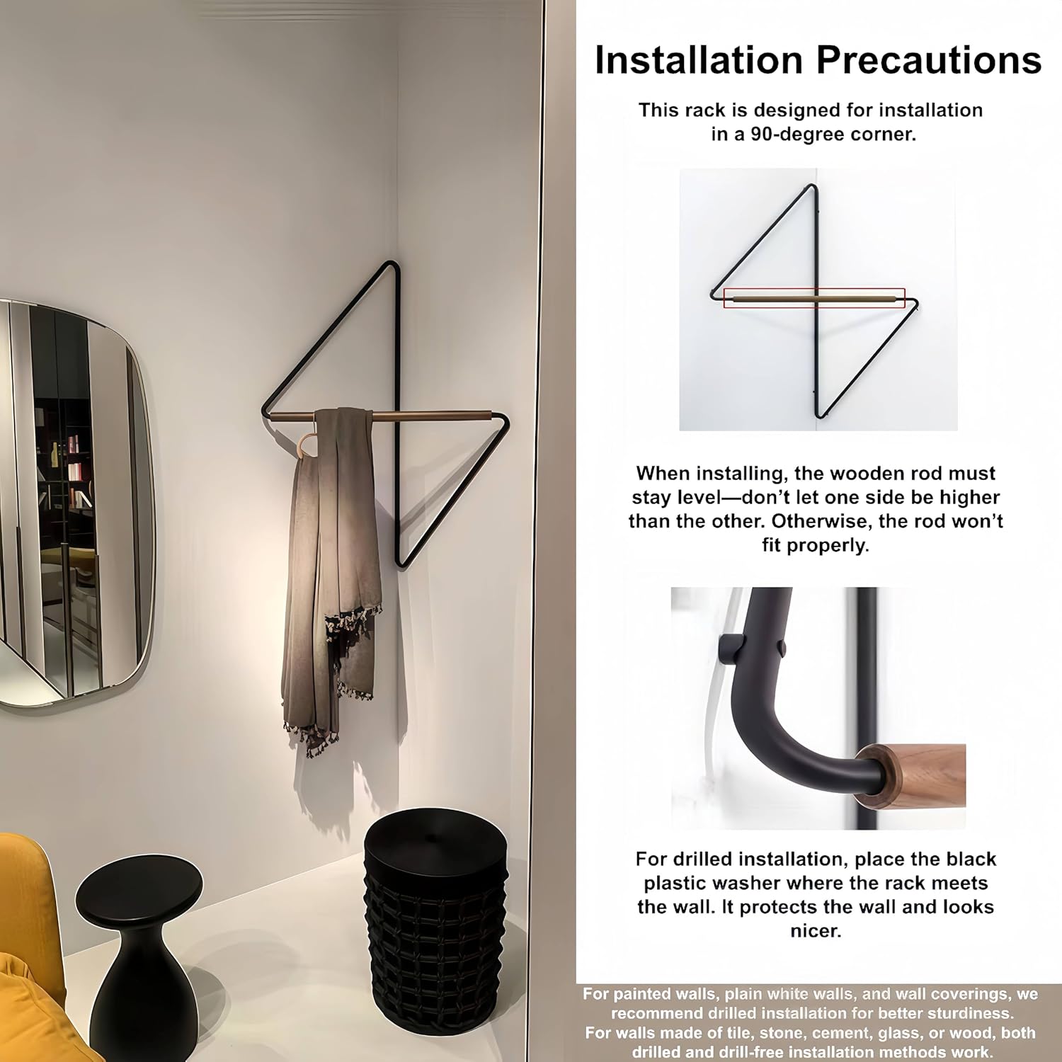 Premium Corner Coat Rack - Space-Saving Wall Mounted, for Bathroom Bedroom Entryway, Sturdy Wrought Iron & Solid Wood, Holds Clothes Hats Towels (Medium)