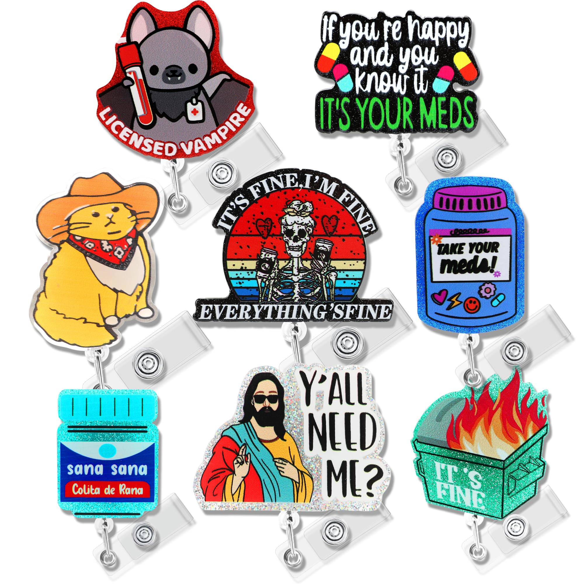 Hotlea 8/9 PCS Funny Badge Reel with Retractable ID Badge Holders with Alligator Clip Cute Medical Assistant CNA RN LPN Healthcare Nursing Accessories