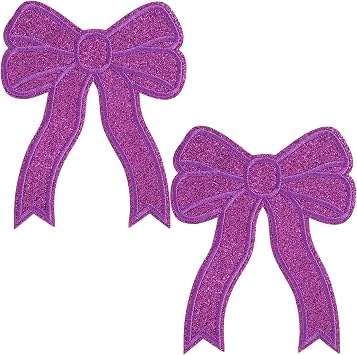 2pcs Bow Iron on Patches, Glitter Bowknot Embroidered Applique, Cute Large Bow Patch DIY Decoration for Sewing Jacket Jeans Hat Shirt Clothing- Purple