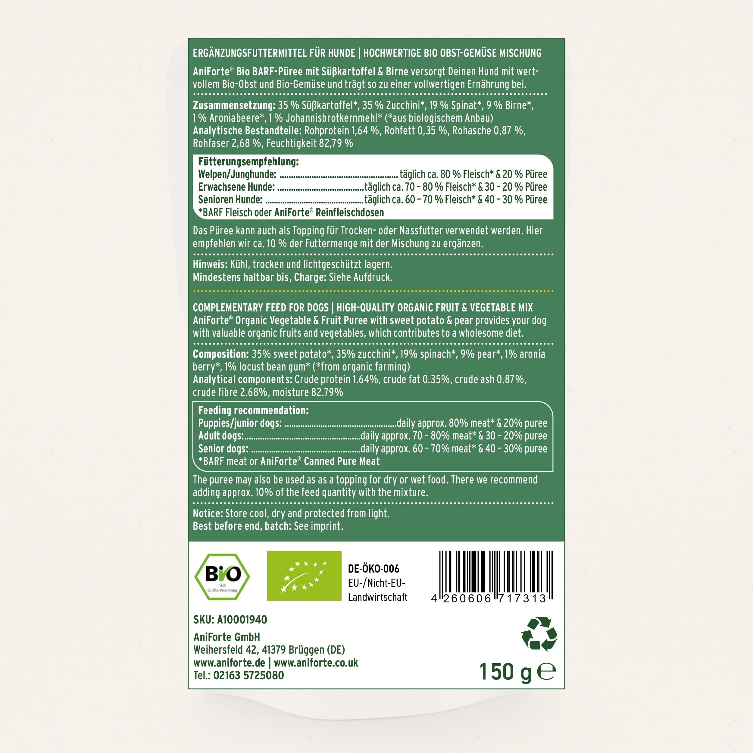 AniForte Barf-Püree Süßkartoffel & Birne - Bio Obst & Gemüse für Hunde 5x150 g - Futter-Topping zum Barfen, natürliche Barf Ergänzung