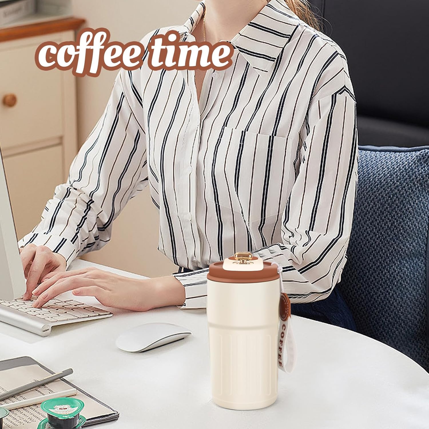 14oz Stainless Steel Reusable Coffee Cup with Lid, Strap & Flip Lid - Portable Insulated Travel Coffee Mug, Spill Proof,Keeps Drinks Hot or Cold (White) - Image 4