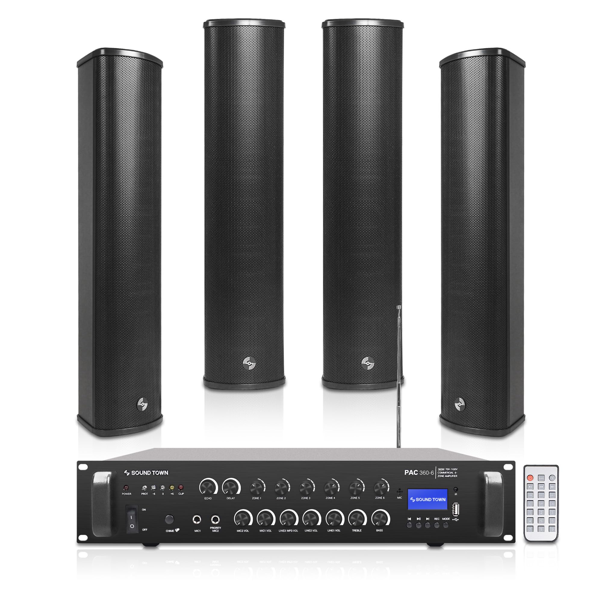 Sound Town Commercial Restaurant Bluetooth Amplifier + Column Speaker Set, with One 6-Zone 70V/100V Amplifier with Bluetooth, 4 x All-Weather Four 5-Inch Column Speakers, Black (PAC360X4CL45B)