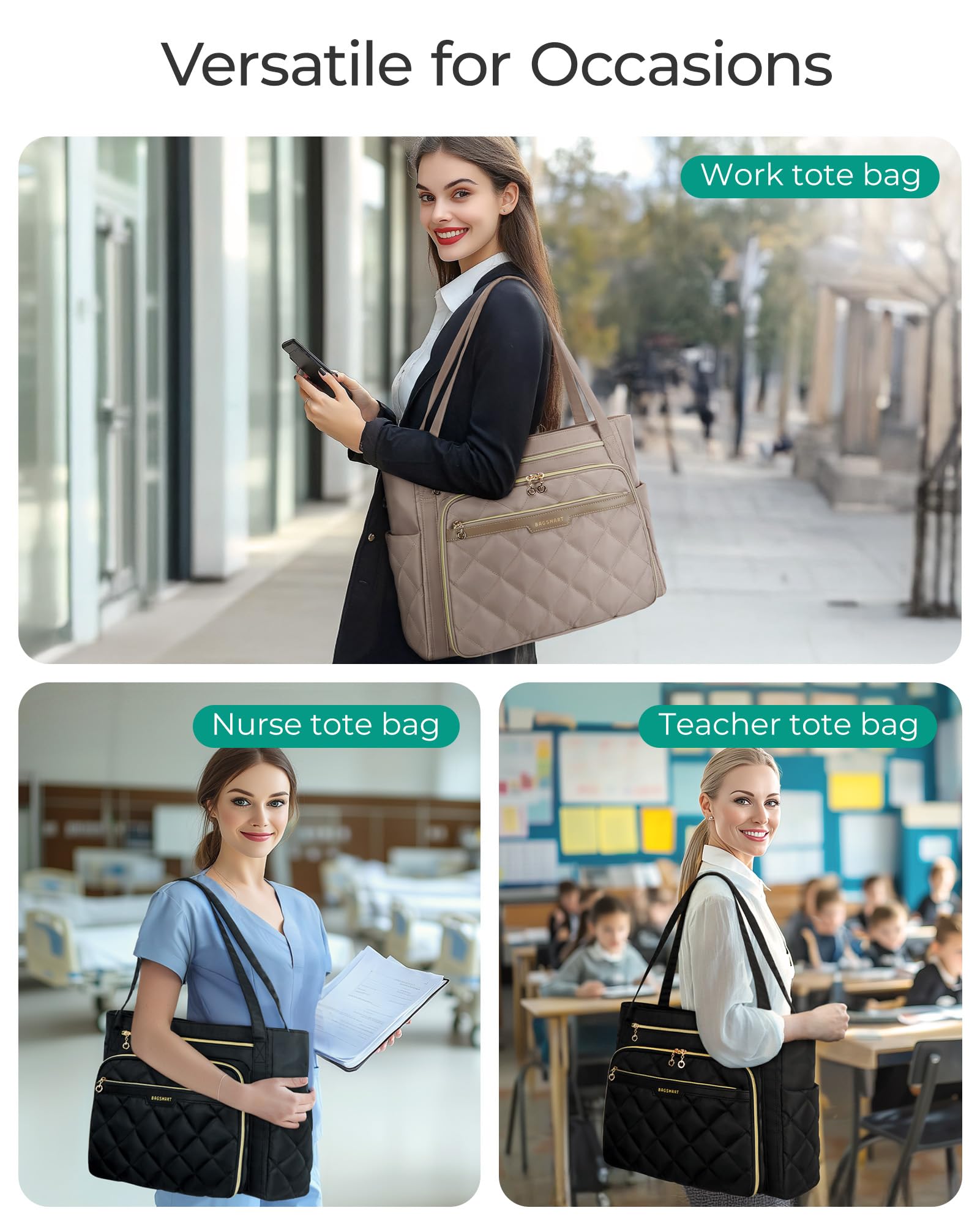 BAGSMART Lehrertasche 15.6 Zoll Laptoptasche Damen Gesteppt Arbeitstasche mit Datei-Organizer Aktentasche Krankenschwester Tasche für Arbeit Schule Büro Business Universität