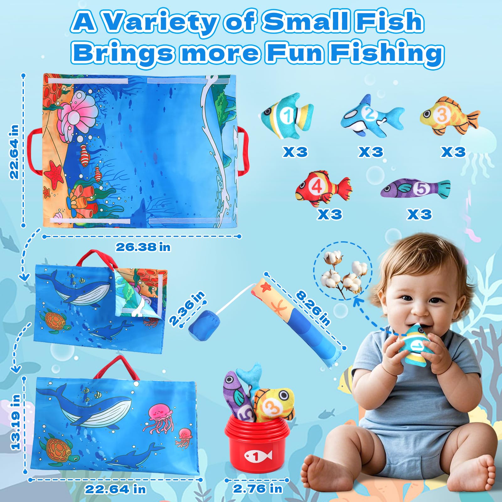 jerryvon Giochi Montessori 1 Anno - Giochi Pesca Bambini 1 Anno Giocattolo Educativo per 12-18 Mesi Gioco Regalo Bambina 1 2 Anno Compleanni (15 Tessuto di Pesce, Secchi Impilabili, Sacchetto)