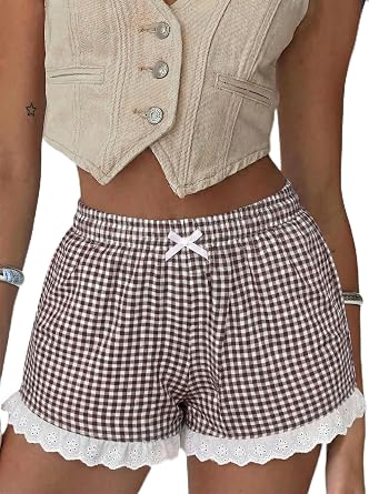 Boxer Shorts Gingham Shorts Y2K Beach Bottoms | Plaid Shorts Y2K Pajama Bottoms Two Pockets
