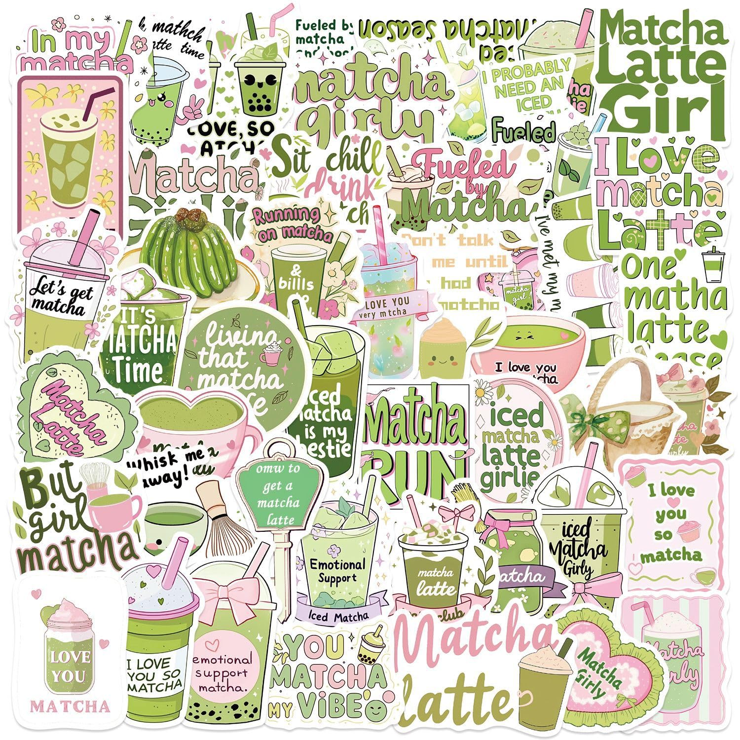 50 PCS Cute Matcha Girls Aesthetics Stickers for Phone Skateboard Car Water Bottle Laptop Scrapbook Bike Helmet Luggage Guitar Computer,Graffiti Waterproof Decals for Adults Teens Girls