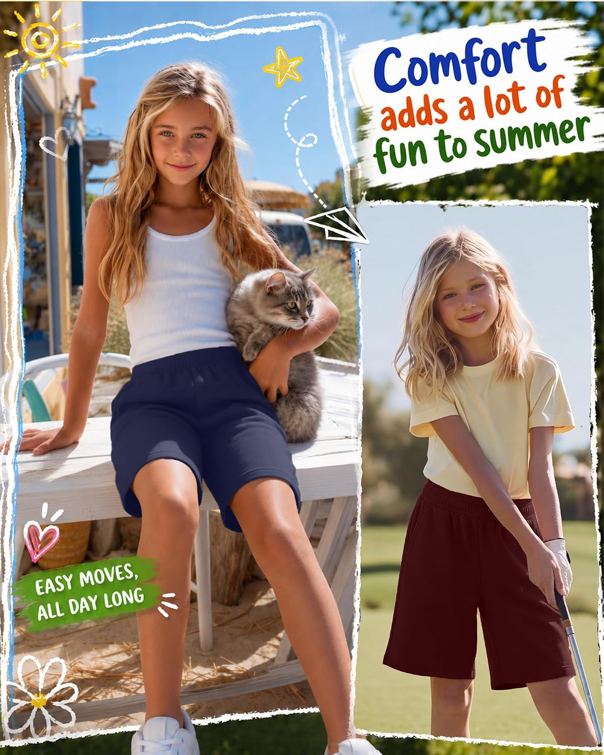 Oakgarden 3 Pack Girls’ Bermuda Shorts Knee Length Wide Leg Baggy SweatShorts Elastic Waist Long Shorts Pull On with Pockets