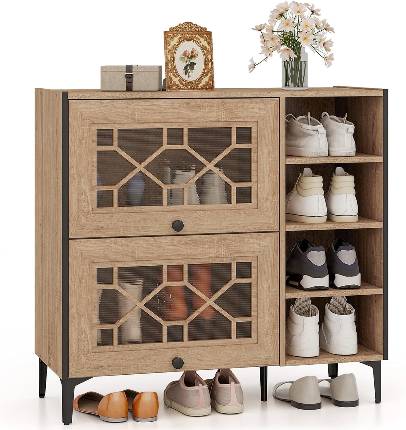 LOKO Shoe Storage Cabinet, Modern Shoe Organizer with Flip Doors, Adjustable & Removable Shelves, Rustic Shoe Shelf for Entryway, Hallway, Mud Room, Living Room, Oak (Decorative Doors)