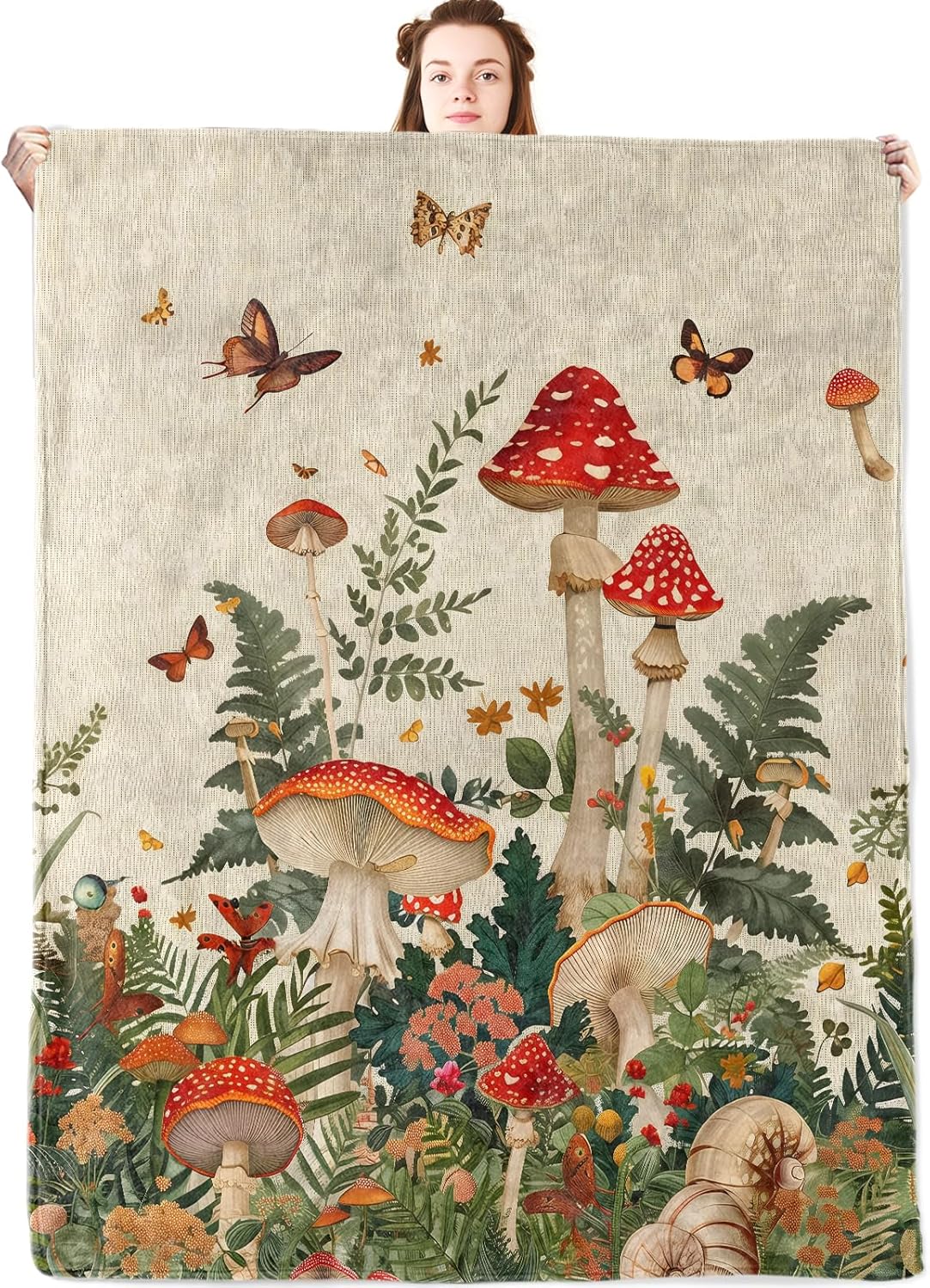 Vintage Mushroom Forest Flannel Blanket,Botanical Throw with Butterfly,Fern and Snail,Woodland Design,Lightweight Fleece Blankets for Nature Lover,Couch,Cabin,Bed,Camping Decor Gifts,60x50in