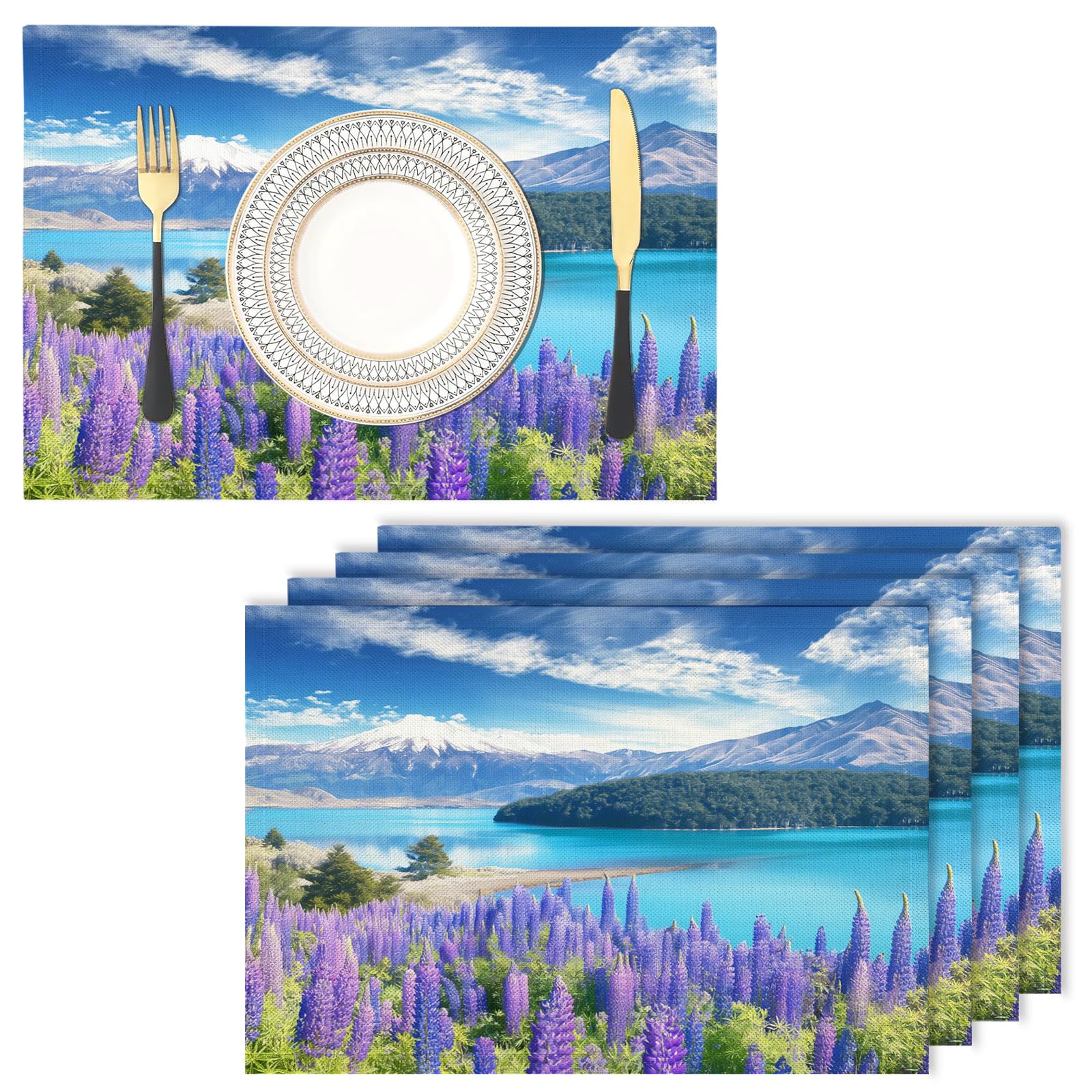 Set de table lavable en machine pour repas de famille au motif de montagnes et fleurs