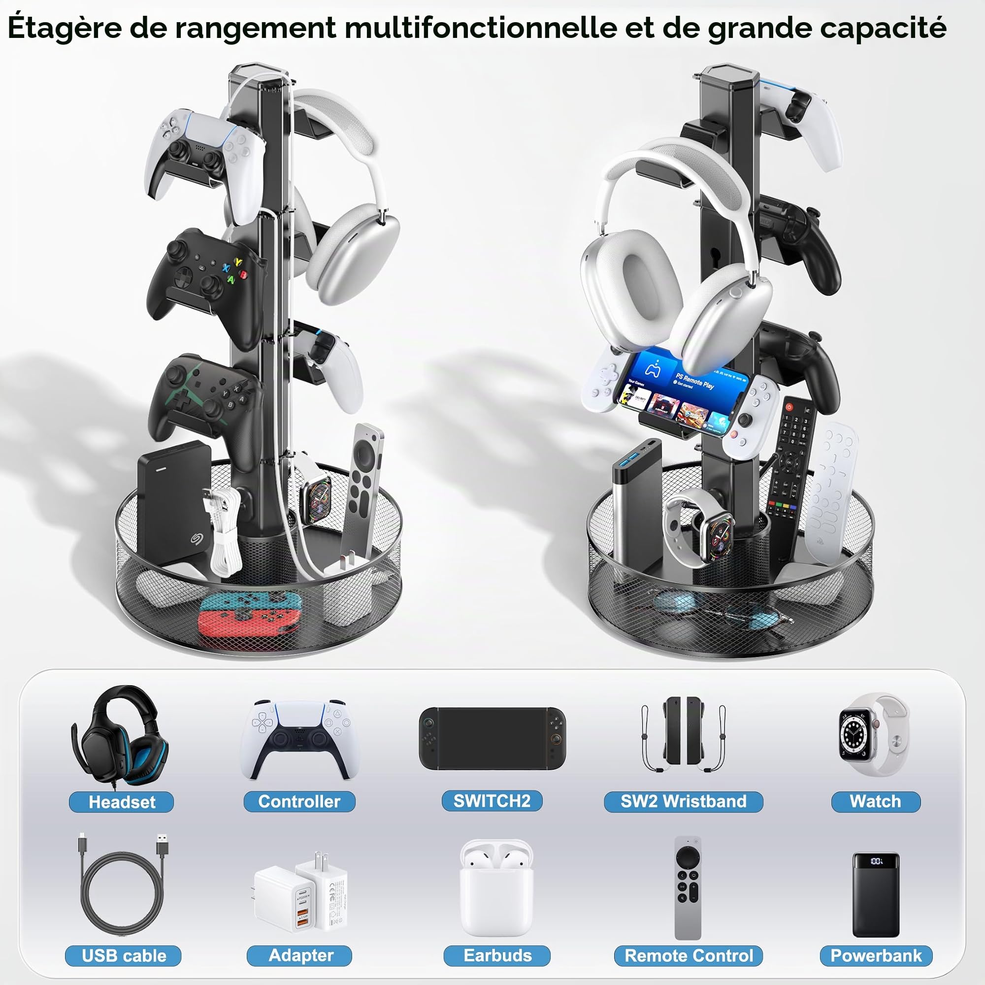 Kosker Support de Manette de Jeu Rotatif Avec Panier pour Bureau, Support Universel pour Casque et Manette pour Accessoires PS5/PS4/Xbox/Switch/PC, Organisateur pour Casque et Câbles, Noir