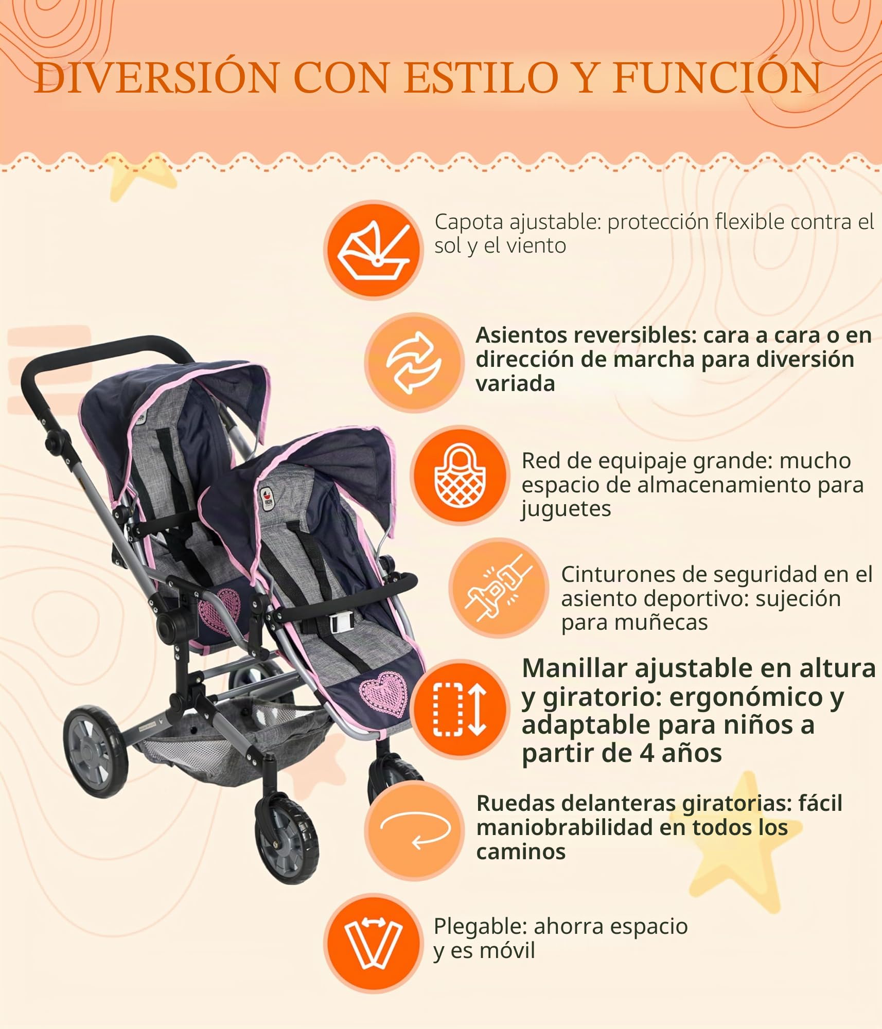 Bayer Chic 2000 - Cochecito para muñecas Linus Duo para niños de 4 a 8 años, Color Rosa Vaquero, 690-62