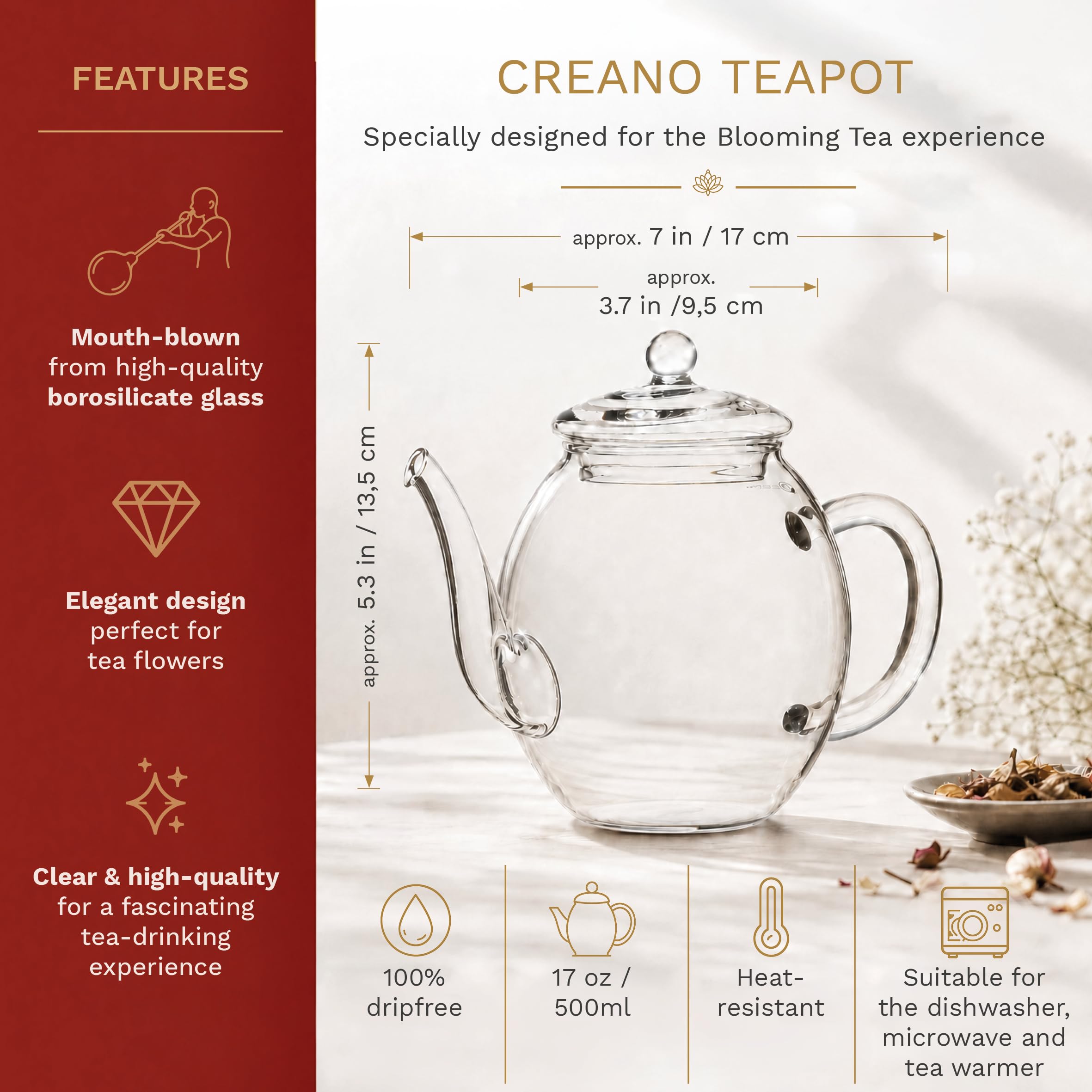 Creano Teeblumen Geschenkset - Erblühtee mit 500ml Glaskanne & 6x Weißer Tee - Geschenk zu Weihnachten Geschenk für Frauen und Teeliebhaber