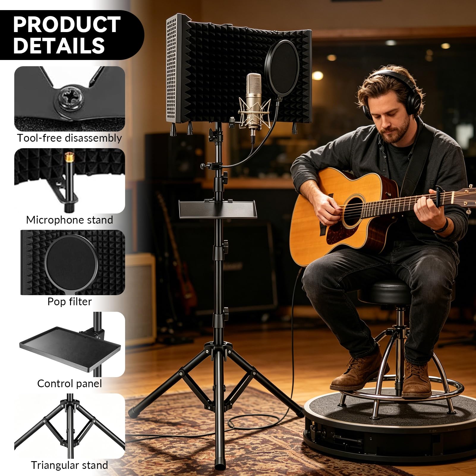 Isolamento Acustico per Microfono con Filtro Pop | Scatola in Schiuma Acustica Incorniciata, Supporto Treppiede, Assorbimento del Suono, Schiuma Assorbente