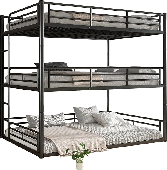 Bellemave Metal Triple Bunk Beds with Full-Length Guardrails, Queen Over Queen Over Queen Bunk Bed for 3, Noise-Reduced, Metal Black