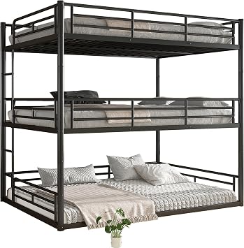 Bellemave Metal Triple Bunk Beds with Full-Length Guardrails, Queen Over Queen Over Queen Bunk Bed for 3, Noise-Reduced, Metal Black