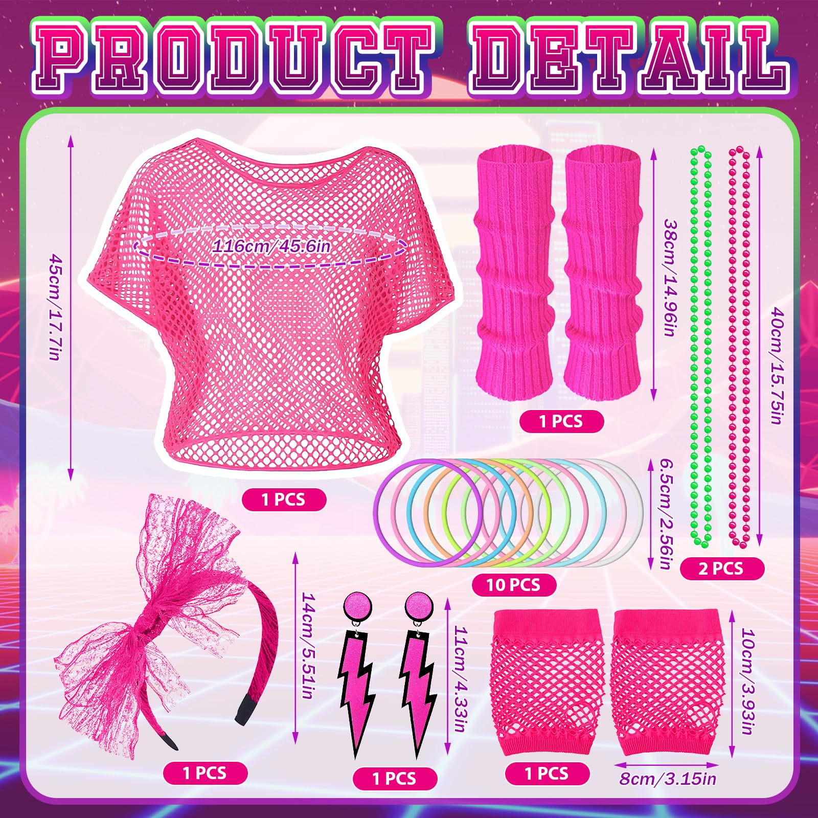 Shepinsky 80s Fancy Dress for Women,1980s Fancy Party Costumes Accessories Set,80s Outfits Neon Mesh T-Shirt,Leg Warmers Fishnet Gloves Headband Earrings Bracelets Necklaces for Retro Party Dress up - Image 2
