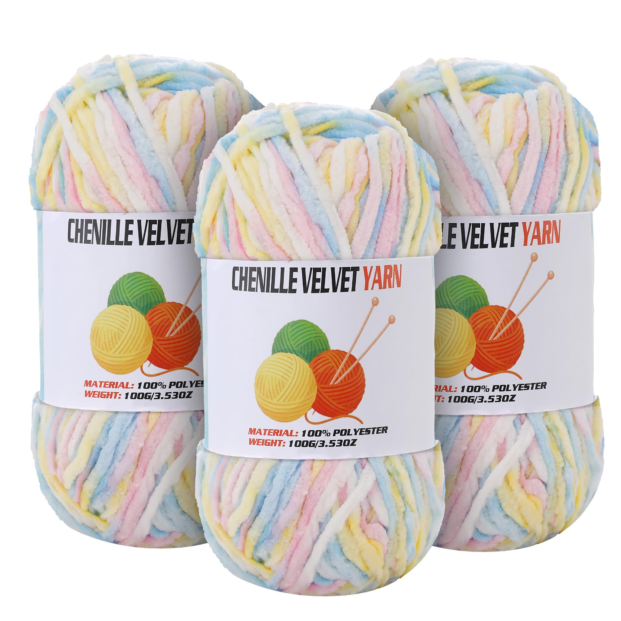 3 * 100g Velvet Chenille Chunky Yarn for Crocheting, Handcrafts Weaving Soft Chenille Yarn for Crocheting Clearance, Used for Making Baby Yarns Blanket, Clothes, Knitting Creations (Colorful - C)