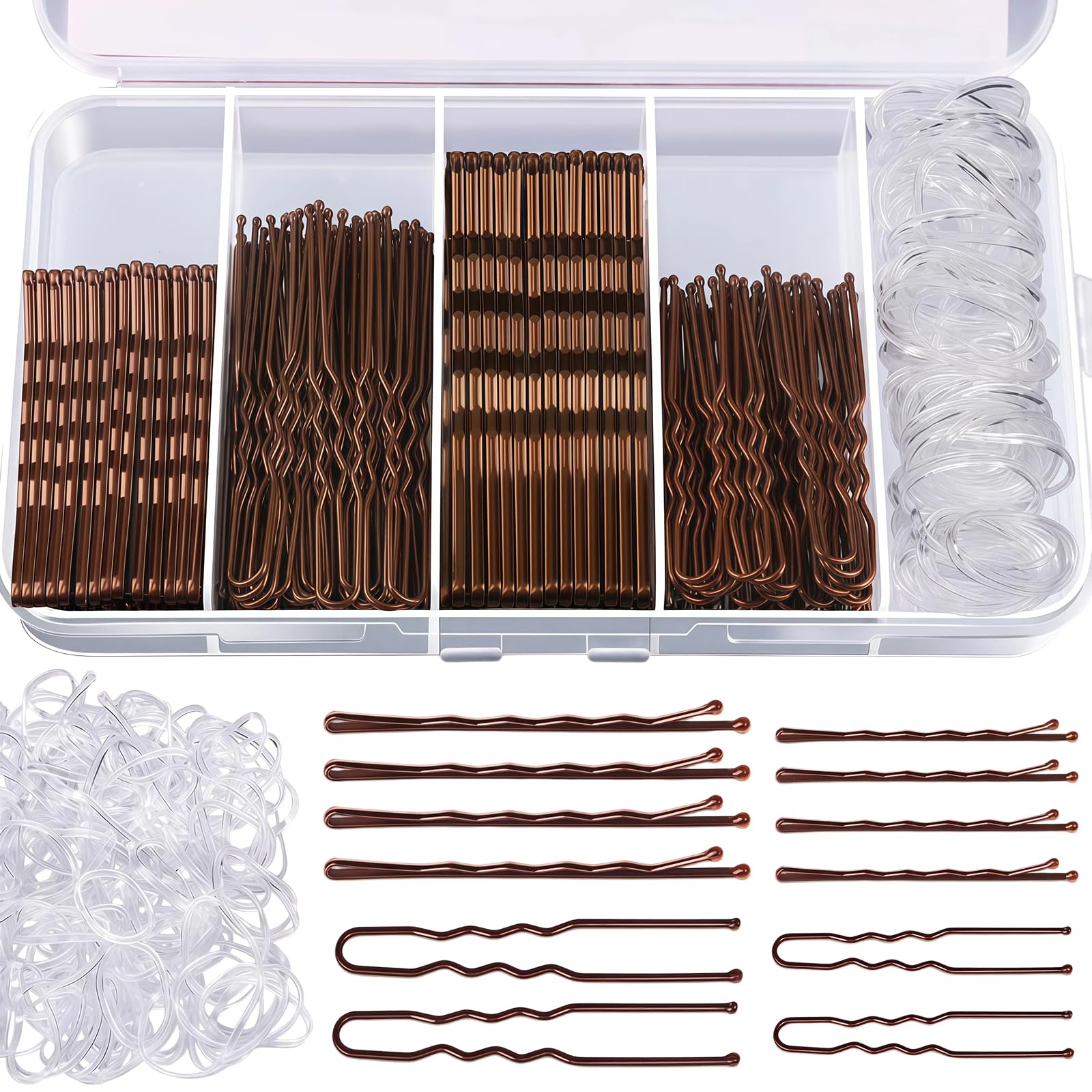 Zestaw 500 sztuk spinek do włosów, spinki do włosów w kształcie litery U i przezroczyste gumki do włosów, Bobby Pins (5-7 cm), metalowe akcesoria do włosów z pudełkiem do przechowywania dla kobiet i