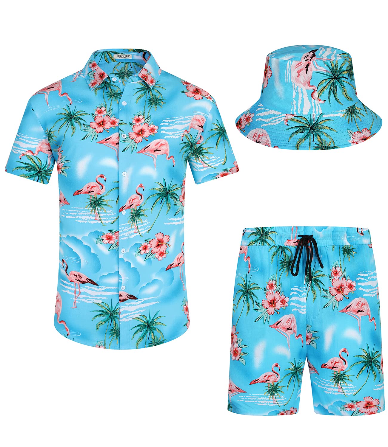 SPKPKEY Hawaii-Hemd und Shorts für Herren 2-teilig, Lässig Button-Down-Shirts Sommer Strand Outfits mit Hüten