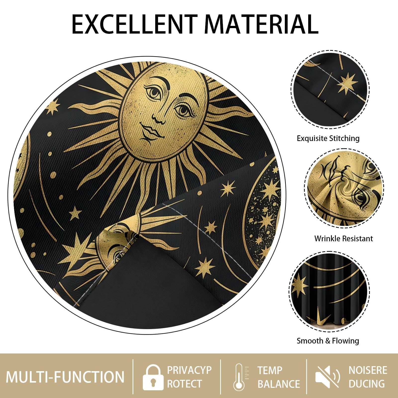 Rideaux Occultants Espace Fantaisie 75L X 166H cm (2 Panneaux), Isolation Thermique Fixation par Oeillets Soleil & Lune Vintage pour Chambre À Coucher, Noir Doré