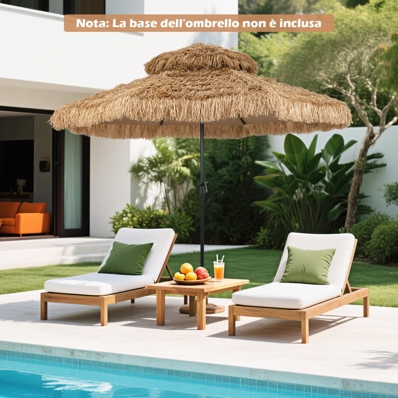 RELAX4LIFE Ombrellone da Spiaggia 2,7M/3M, Parasole Hawaiano in Paglia, Inclinazione Regolabile, Non Base, per Giardino, Cortile, Piscina (3m, sanza Luci)