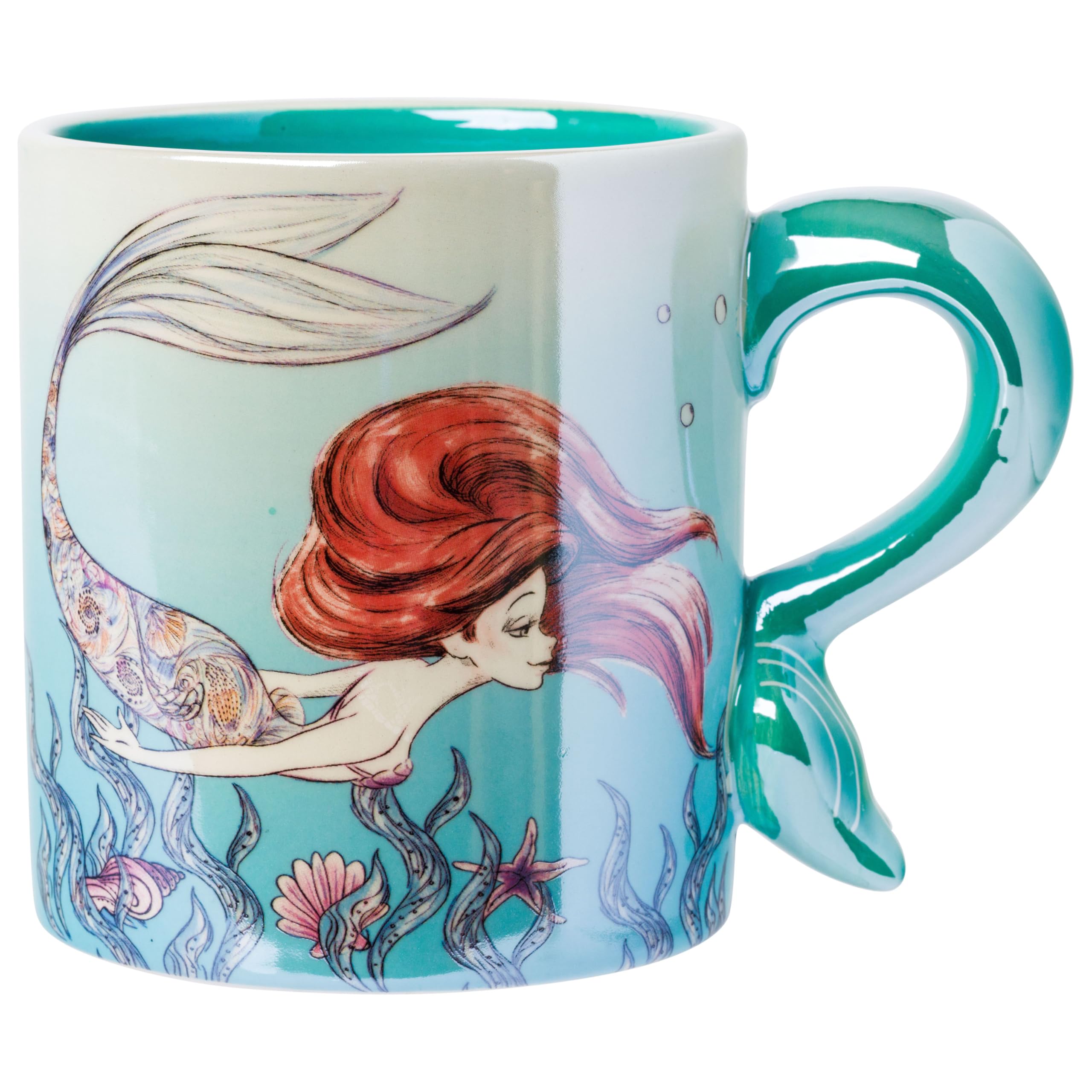 Silver Buffalo Disney Princess Ariel Watercolor Scene Pearlescent 20oz Shaped Handle Ceramic Mug