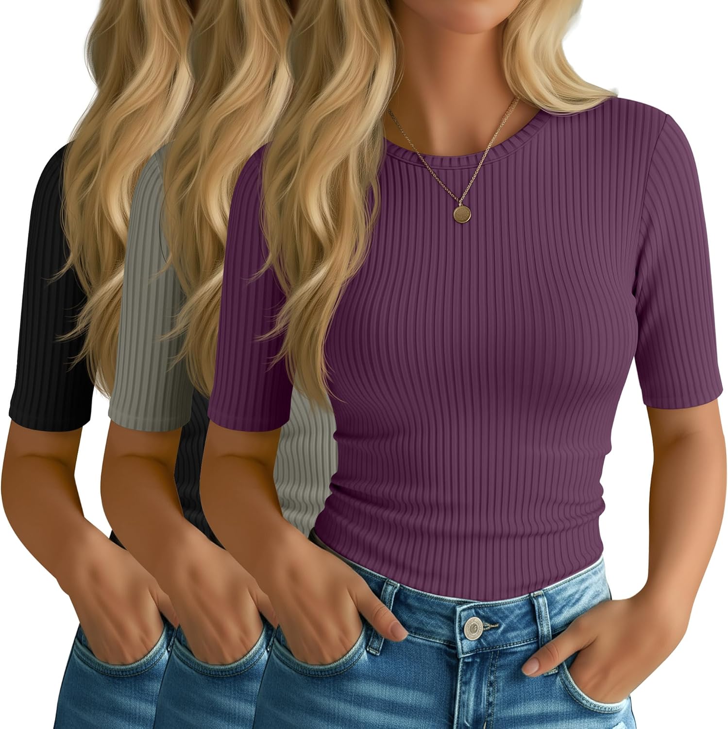 Riyiper 3 Pack Women's Half Sleeve Tops, Elbow Length Ribbed Cotton T Shirt Crew Neck Summer Tee Slim Fit Casual Blouses