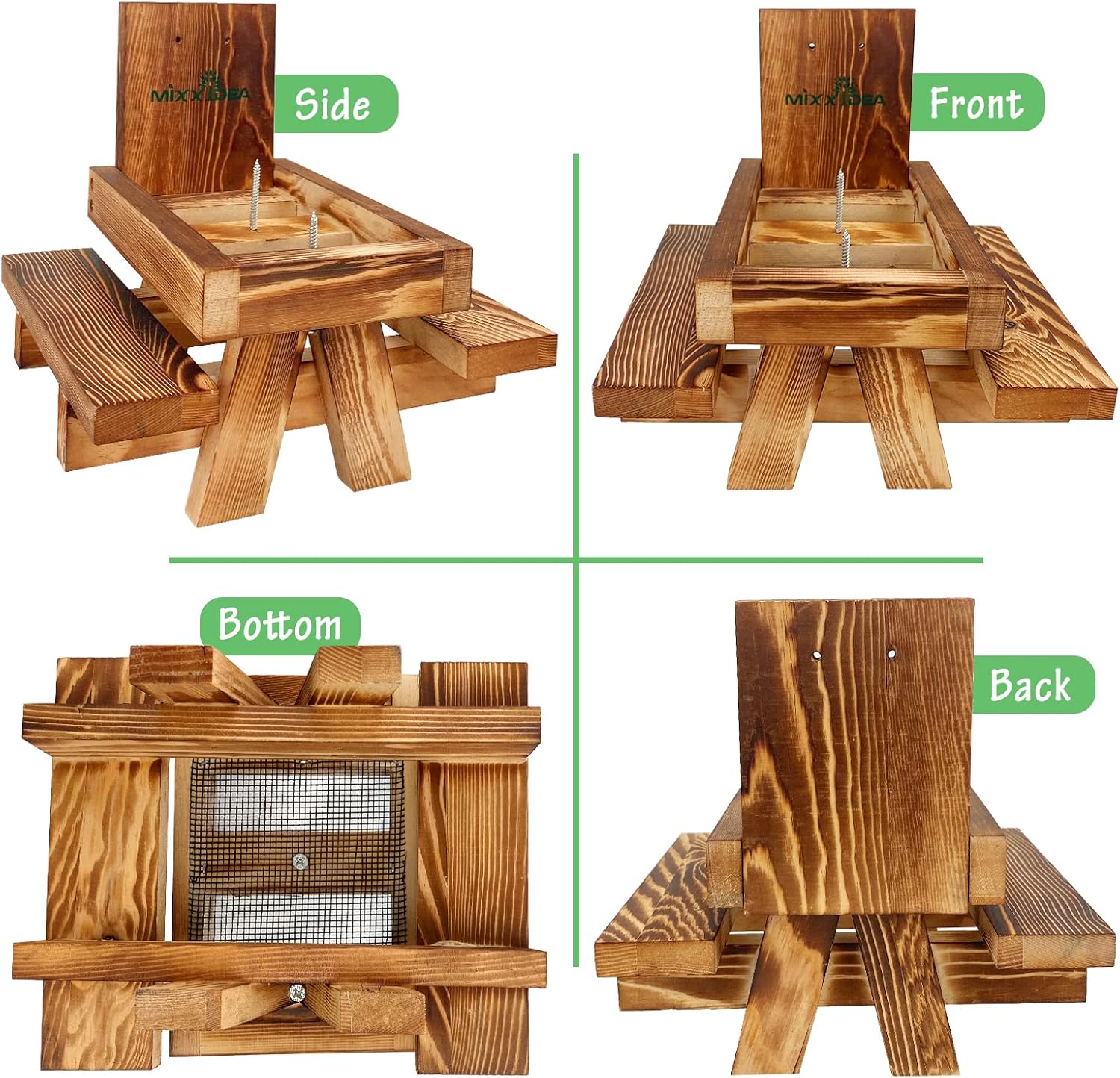 MIXXIDEA Squirrel Feeder Picnic Table with Tall Umbrella Set of 2, Wooden Squirrel Feeders for Outside, Cute Chipmunk Feeder with Corn Cob Holder, Solid Structure, Thick Wood (Rustic Brown 2pk)