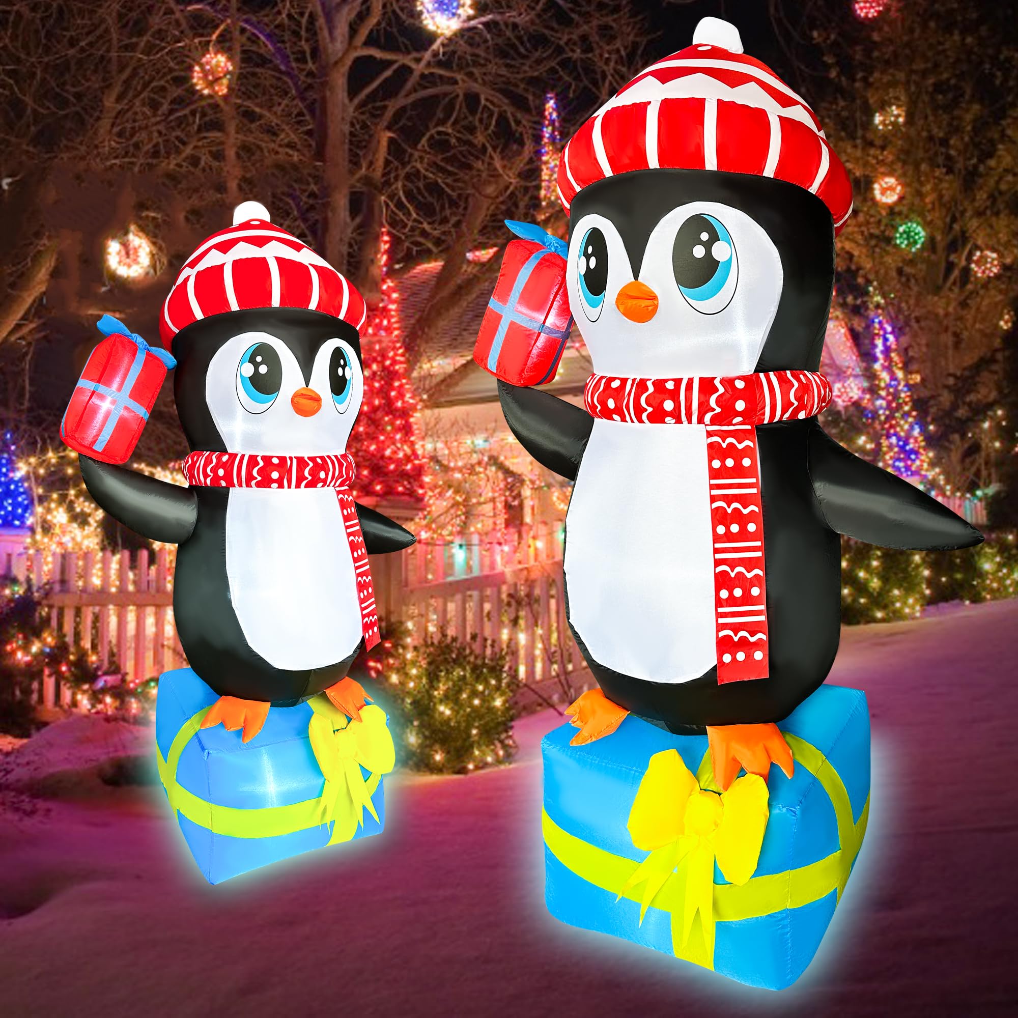 JOYEASE 1,5 m gonfiabili di Natale pinguino in piedi in confezione regalo decorazioni illuminate a LED di Natale Blow up per feste interni esterni giardino cortile decorazione