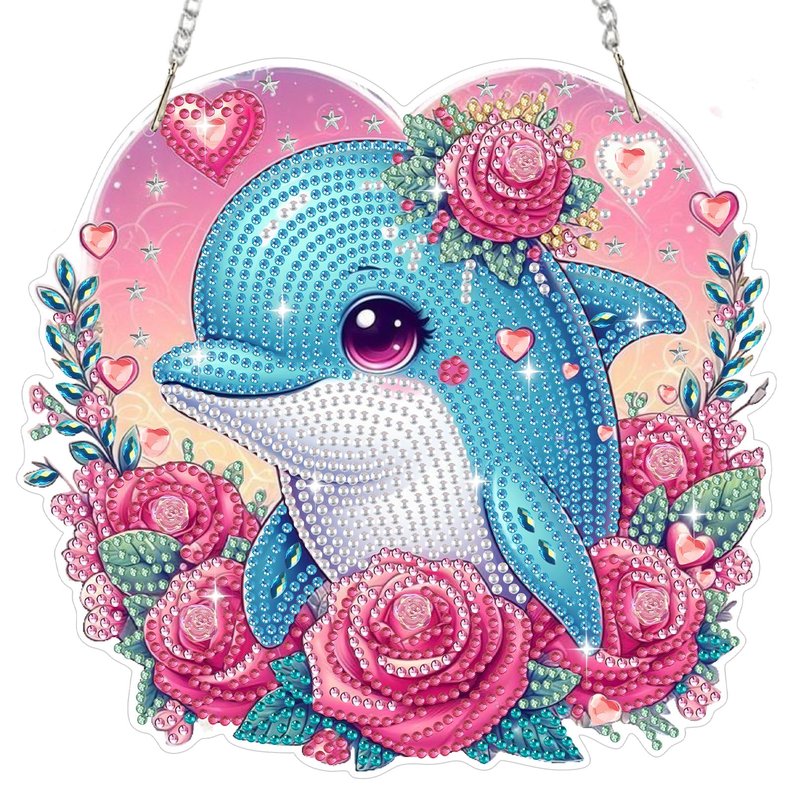 Bowetile Diamond Painting Hanging Ornament with Chain, Dolphin Diamond Painting Pendant Kits for Adults Beginners Kids, Easter Floral Diamond Crystal Gem Arts Crafts Kit Gift for Home Wall Decor
