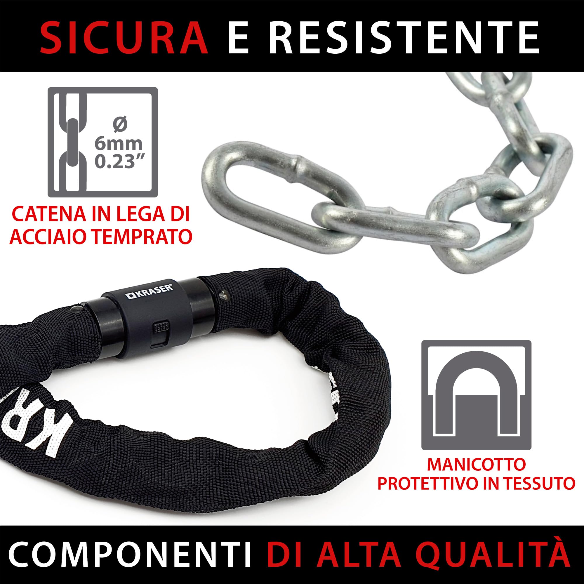 KRASER KR620 Lucchetto Bici Antifurto, Maglie in Acciaio ø8mm, 120cm, Serratura Sicurezza 360º, Coperchio, Fodera Tessile, Catena Bici Leggera Blocco Antifurto Motocicletta, Blocca Moto, Scooter, Bici