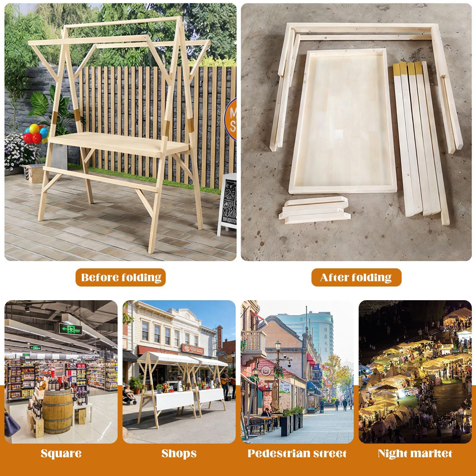 Puesto de Venta Ambulante Plegable con Estructura de Madera Maciza, Capacidad de Carga de 100 kg, toldo Impermeable, fácil Montaje y Carrito portátil para Venta en mercados agrícolas (Blanco