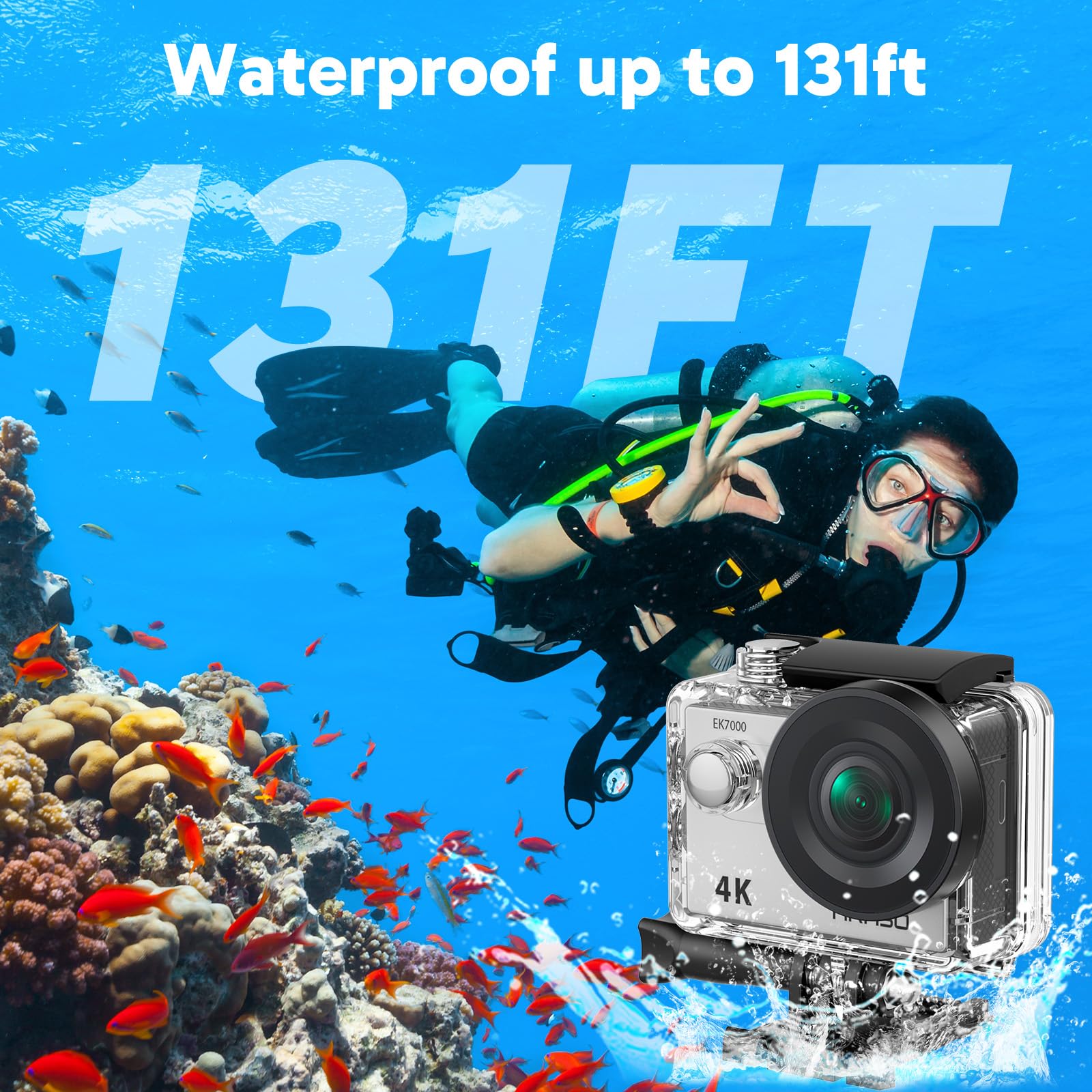 AKASO EK7000 4K30FPS 20MP WiFi Action Camera with EIS Ultra HD 131FT Waterproof Underwater Camera Remote Control 4X Zoom Support External Microphone