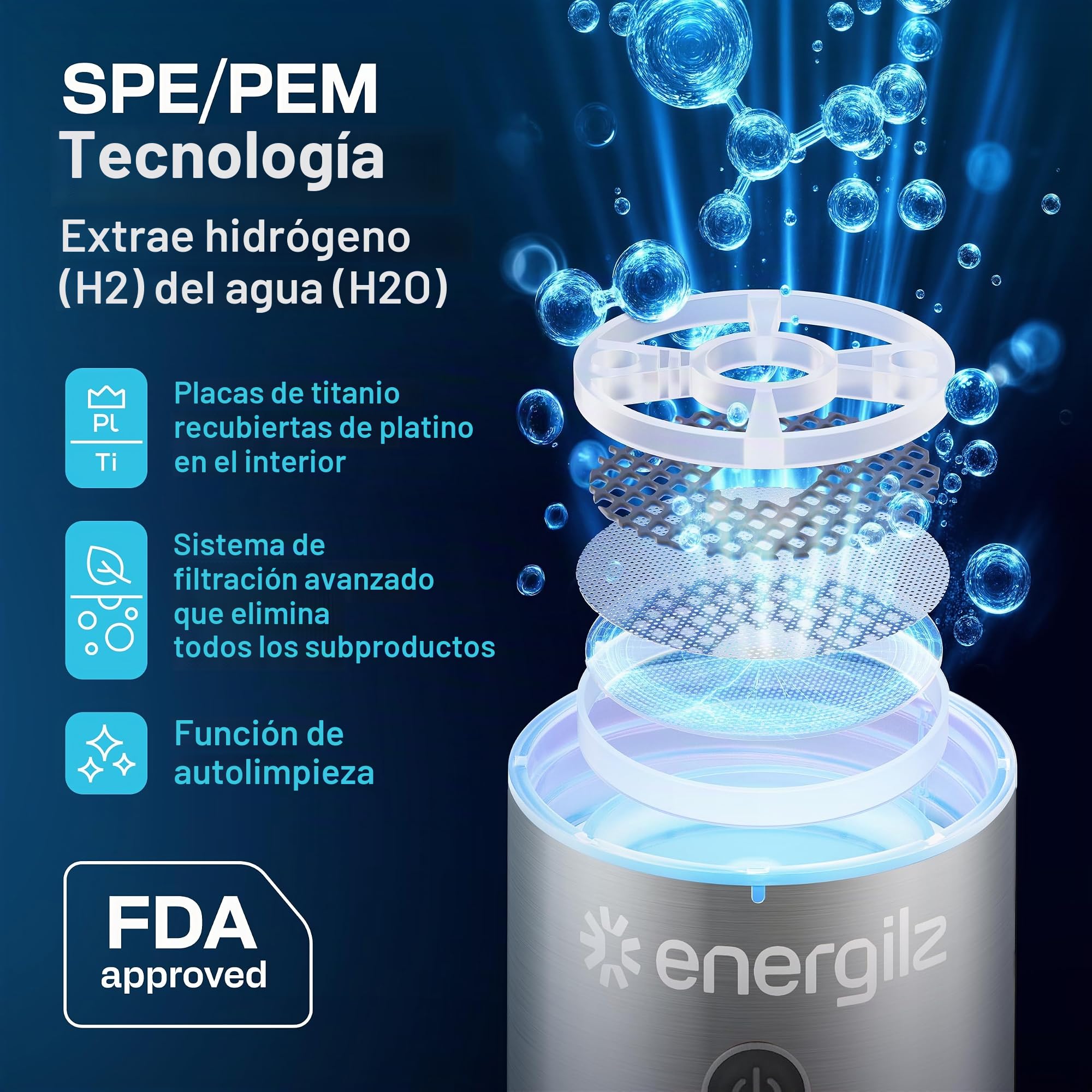 Botella de agua de hidrógeno | Generador de botella de agua de hidrógeno grande de 480 ml, 3000 ppb, máquina de hidrogenación, generador ionizador hidrogenado SPE/PEM (acero con negro)
