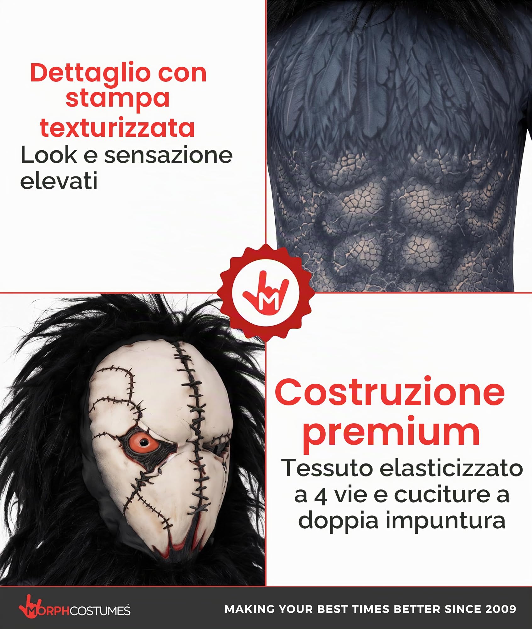 Morphsuits Costume Mostro Horror Bambino, Tuta Halloween Bambino | Tuta Integrale con Cappuccio, Design Creatura Horror Nera, Perfetto per Halloween, Ideale per il Gioco di Ruolo