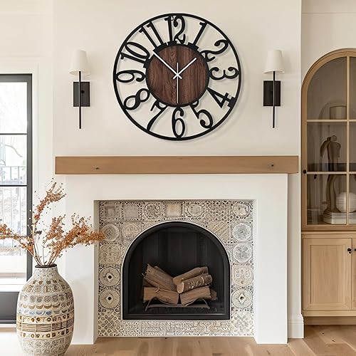 Miniatura 6 de Maxstar Reloj de pared redondo para decoración de sala de estar, funciona con pilas, relojes de madera de metal negro para decoración del hogar,