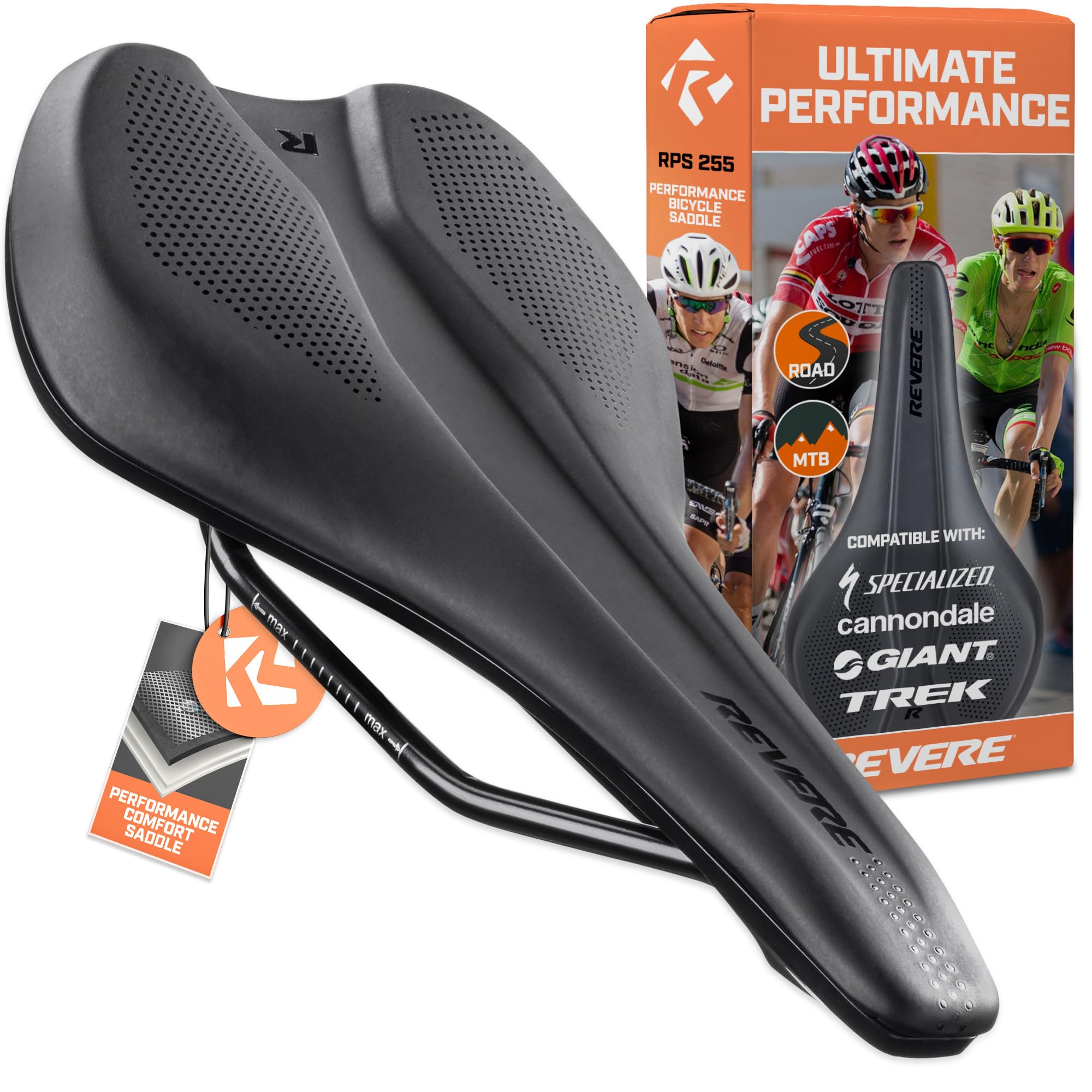Revere Performance Bike Saddle – Ergonomic Comfort Seat with Pressure-Relief Center Channel, Multi-Stage Foam, Low-Profile Design for Road, Gravel &