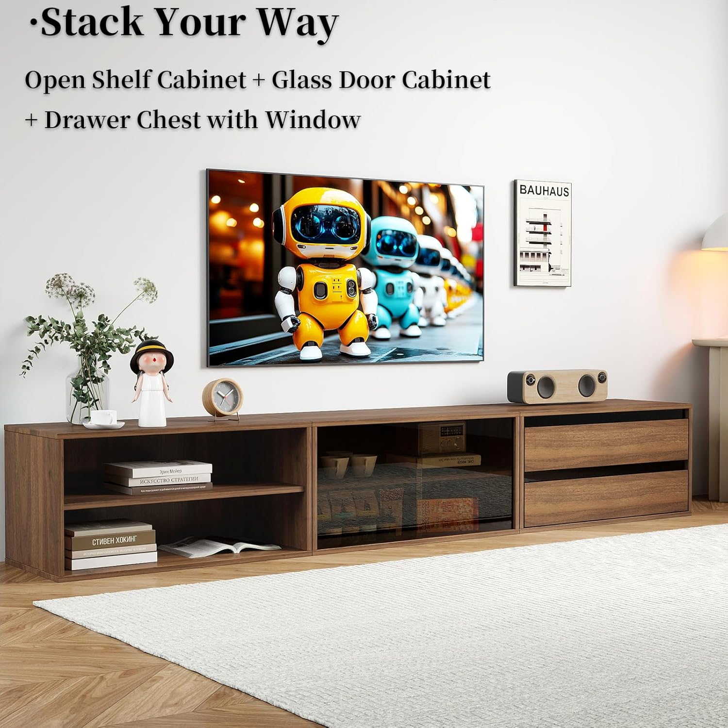 JOYSOURCE Stackable Storage Cabinet Combo Set of 3 with Shelf Storage, 2 Drawers & Dark Glass Window Modular Cabinet for Dining Room, Living Room Small Walnut Finish