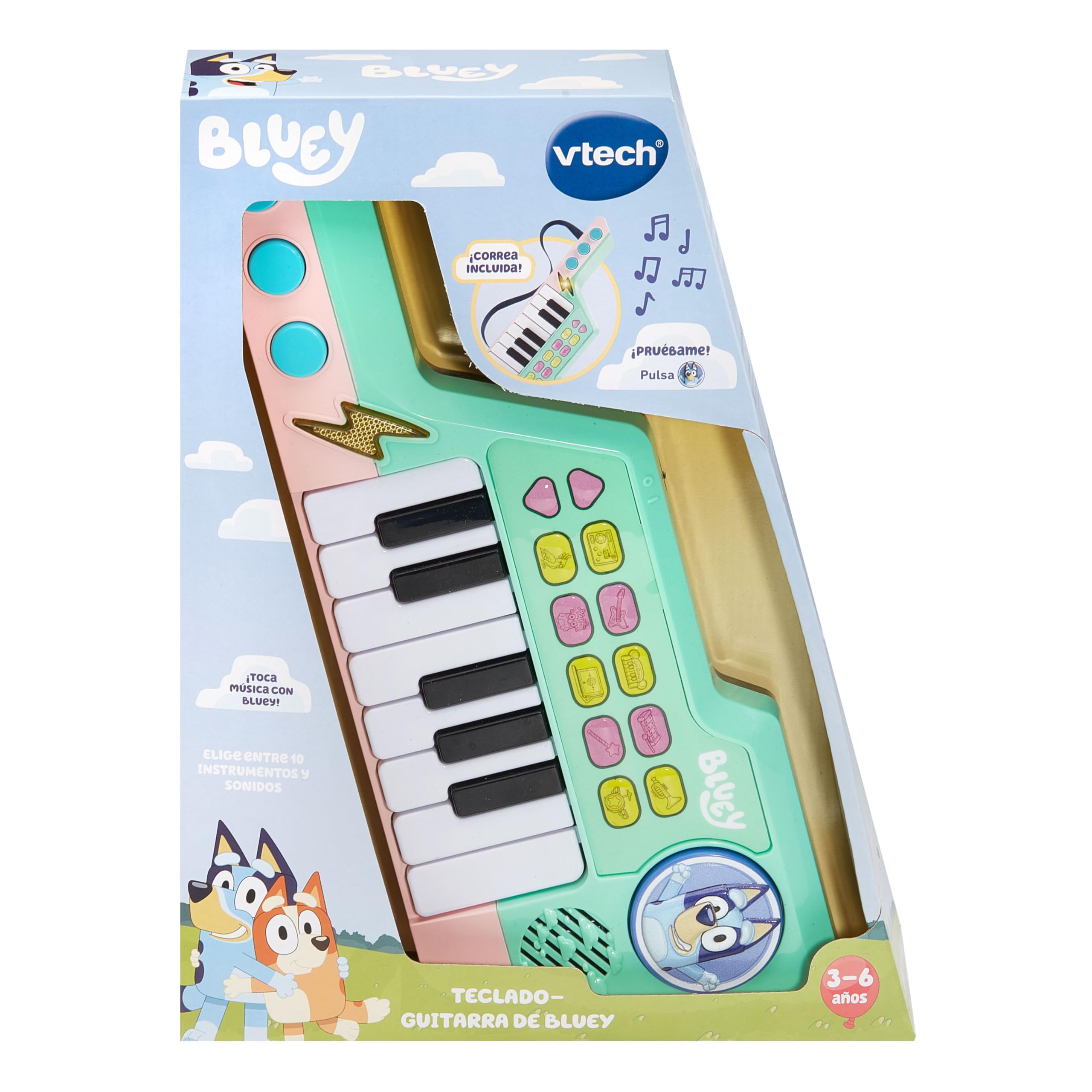 VTech - Teclado-Guitarra de Bluey, Piano y Guitarra interactiva 2 en 1, Elige Entre 10 Instrumentos y Sonidos, CREA Tus propias melodías, Regalo niños +3 años, Versión ESP