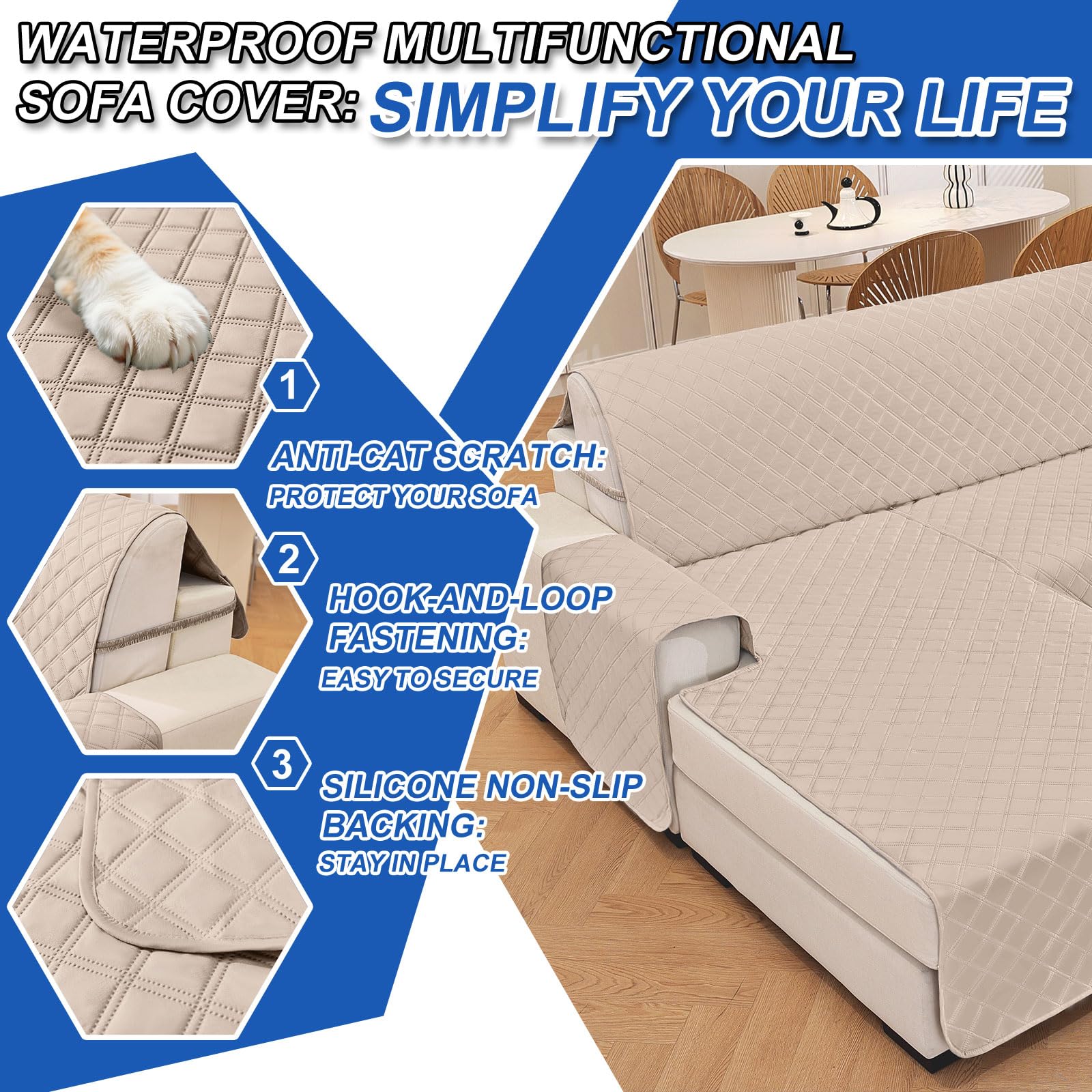 YSTELLAA 100% Impermeable Fundas para Sofa Chaise Longue 4 Plazas(L 280 CM), Cubre Sofas Chaise Longue Izquierdo/Derecho Reversible, Protector Sofa Chaise Longue Gato Perro, Beige